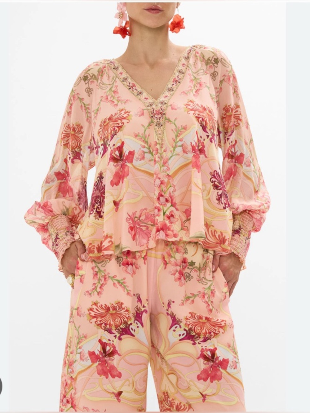 Camilla - Floral Pink Sheer V-Neck Women's Blouse Size M 100% Silk
